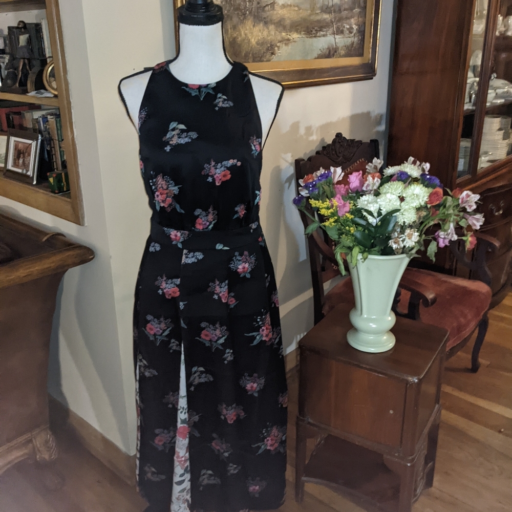 Ted Baker Black Floral A-Line Midi Dress with Pink & Green Accents - Picture 2 of 9